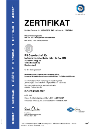 ISO 27001 Zertifikat der rgi